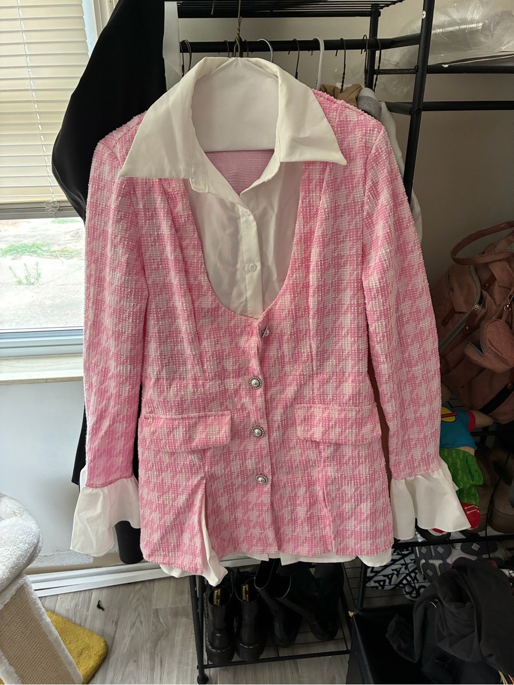 Pink Tweed Button-Front Women's minidress with White Trim